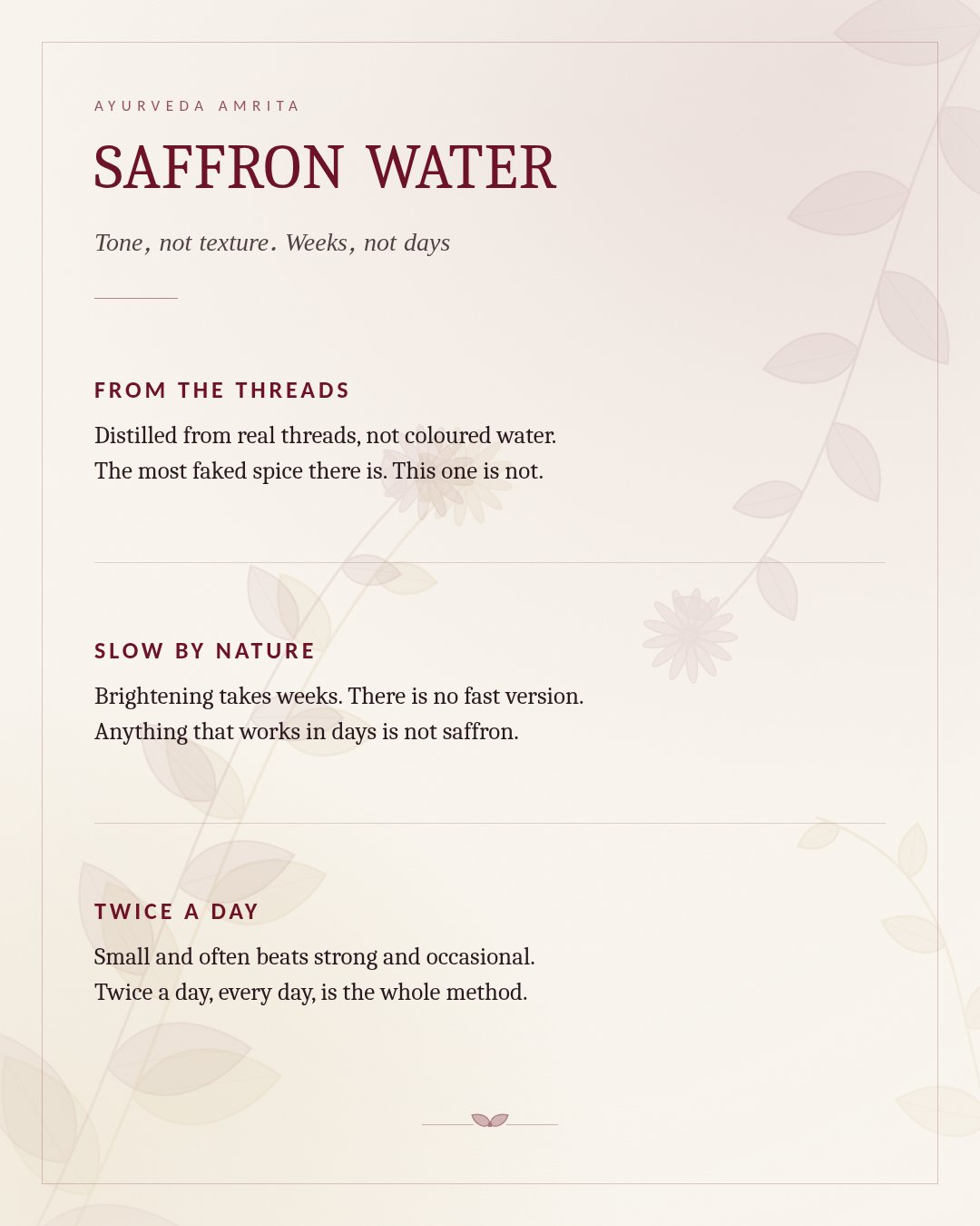 Saffron Water product information - distilled from real threads, brightening takes weeks